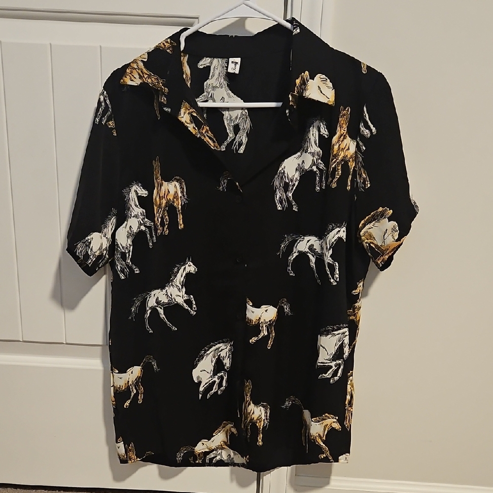 Women's Silky Black Horse Print Button Down Shirt